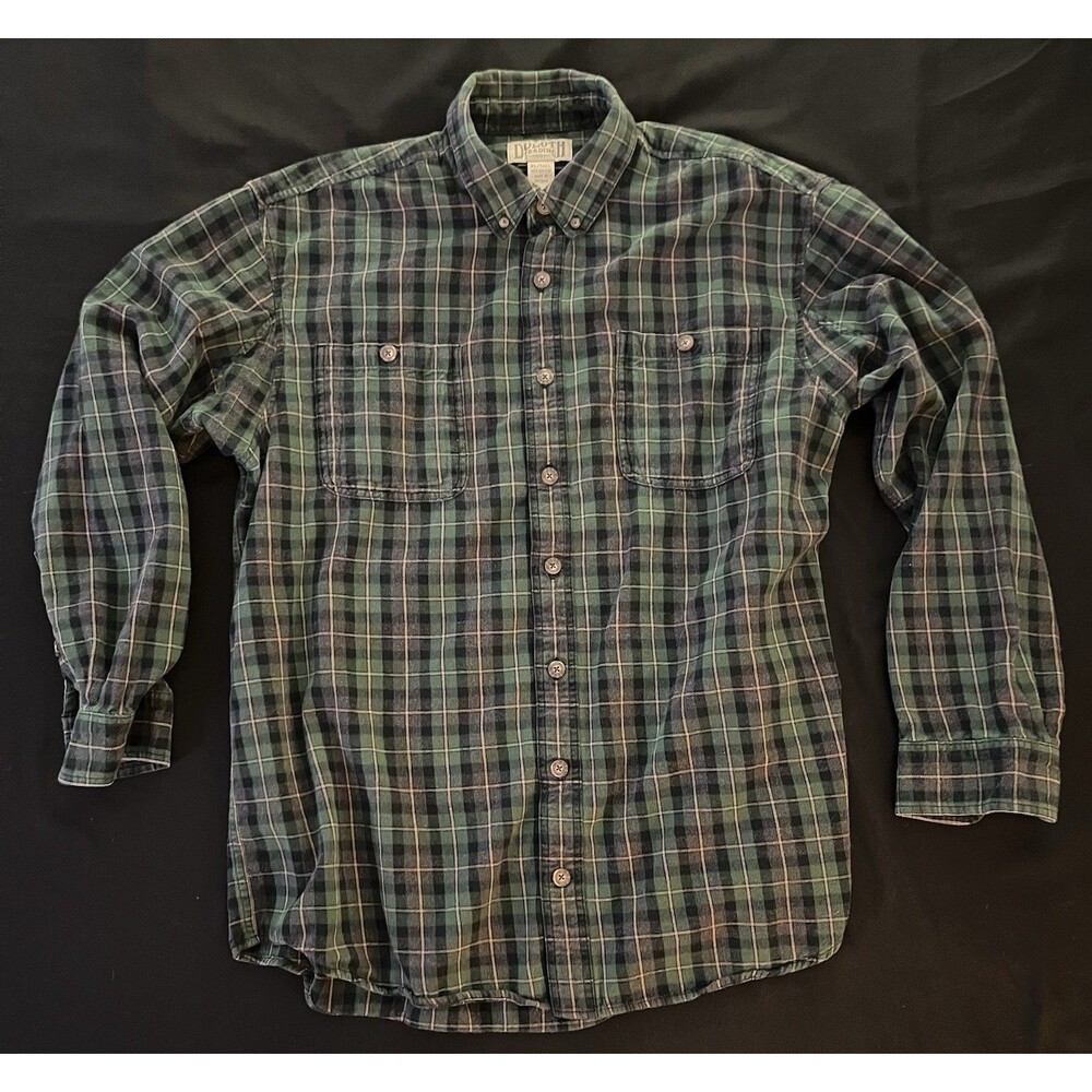 Duluth Trading Co Mens XL Tall Green/Black Plaid Cotton Flannel Pockets Shirt